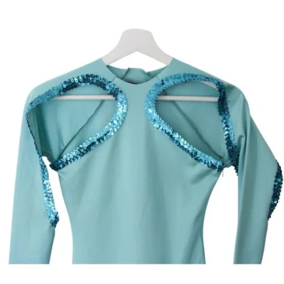 NWT CouCoo Necker Aqua Stretch Sequin Bodycon Open Shoulder Party Midi Dress S - Picture 6 of 8